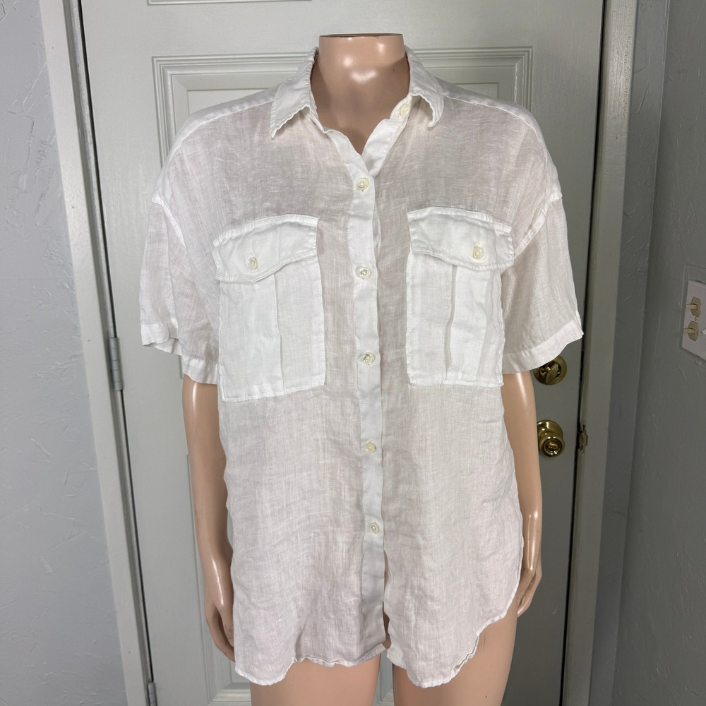 Alex Mill Maddie Womens Shirt M Short Sleeve Lagenlook Linen Button Wash & Go A9